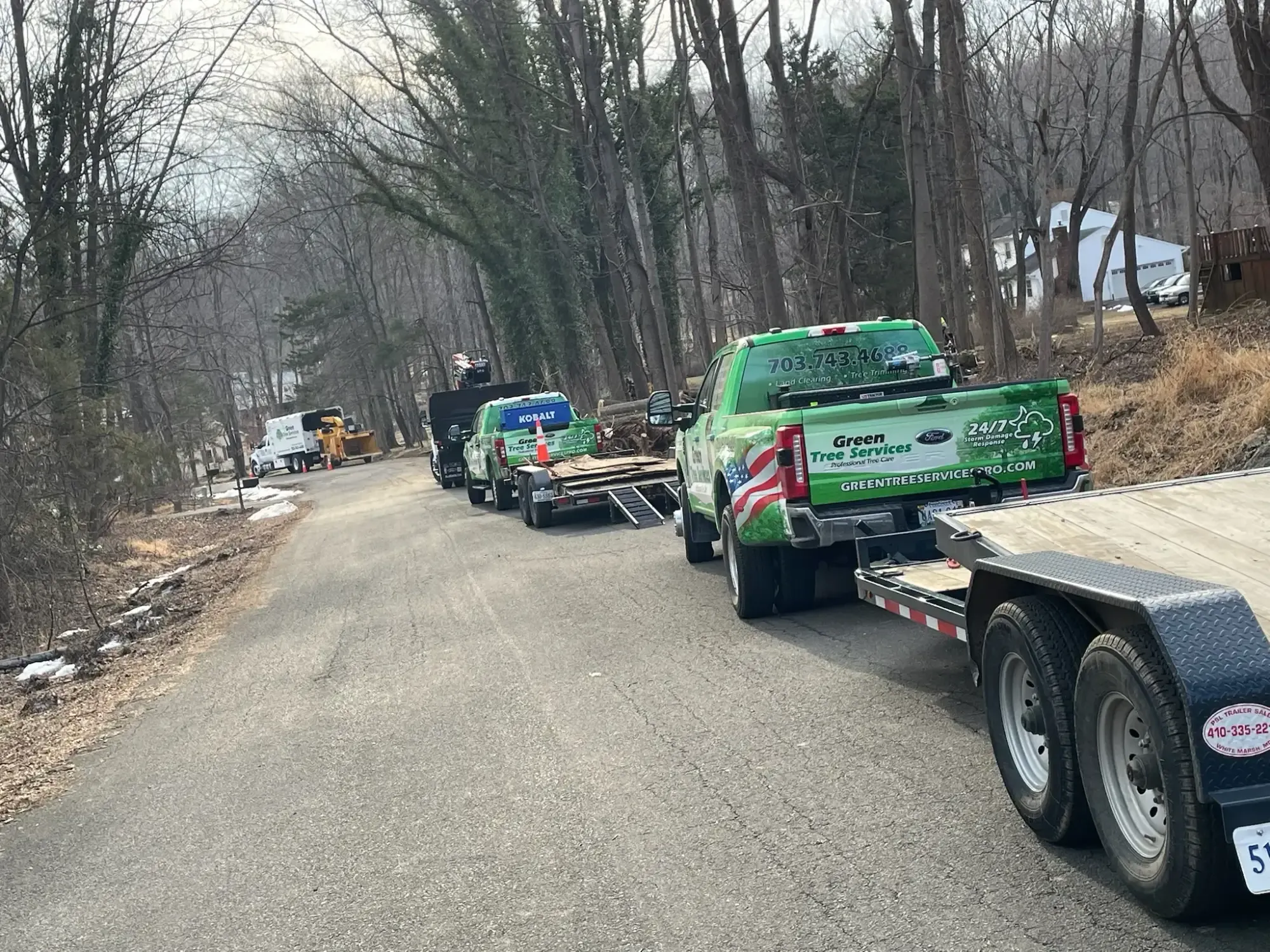 Line of Green Tree Services trucks and trailers on a wooded road