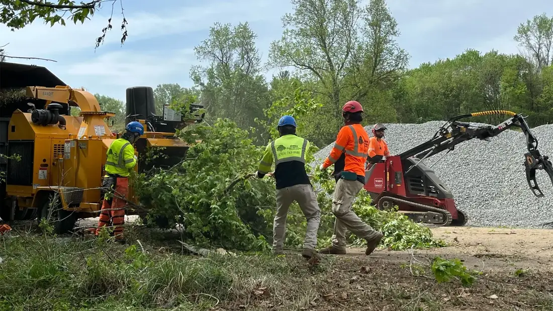Green Tree Services crew feeding branches into a chipper during cleanup